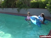 Four skinny ladies in the pool along with their male friend 6/16