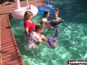 Four skinny ladies in the pool along with their male friend 7/16