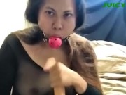 fit slim Asian showing off nylon bodysuit and gag talking 13/16