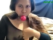 fit slim Asian showing off nylon bodysuit and gag talking 14/16