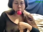 fit slim Asian showing off nylon bodysuit and gag talking 15/16