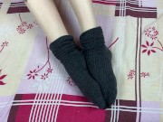 Girl in gray long socks on her legs caresses herself in bed 13/16