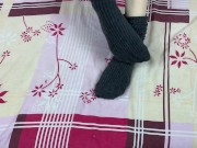 Girl in gray long socks on her legs caresses herself in bed 14/16