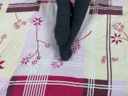 Girl in gray long socks on her legs caresses herself in bed 2/16