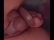 Laying on my side fucking myself w a black dildo.. watch the creamy cum drip out of my tight pussy😈 10/16