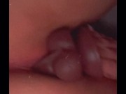 Laying on my side fucking myself w a black dildo.. watch the creamy cum drip out of my tight pussy😈 6/16