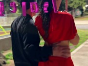 Little Red Riding Hood whore sucks cock, ends up fucked by two strangers and finishes on her buttock 1/16