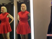 Naked girl with a big tits in the public locker room, try on transparent clothes 5/16