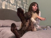Goddess Sandra D FISHNET SMOKING FETISH FOOT FETISH Miss sandra domina smoking teasing nylon soles 12/16