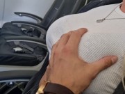 ALMOST CAUGHT! Risky airplane blowjob/handjob and pussy fingering in public toilet 1/16