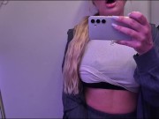 ALMOST CAUGHT! Risky airplane blowjob/handjob and pussy fingering in public toilet 10/16