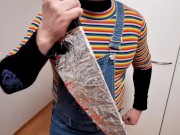 Barbie's ass covered in cum by Chucky, HALLOWEEN COMEDY, cumshot on pink yoga pants 3/16