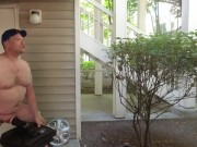 Public fucking my toy on my patio! Pool BBQ going on while I fuck my toy naked and cum! 15/16