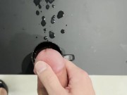 Wearing Latex Pants and Shiny Black High Heels Jerking Off and Huge Load in Coffee 13/16