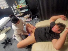 I'm sitting in the waiting room and looking at the lady, I'm getting excited, I start jerking off, s