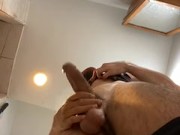 Horny Guy in Sweatpants Masturbates his Big Cock Cumshot 1/16