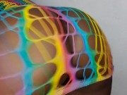 Big ebony milf shows bug oiled ass in rainbow lingerie 12/16