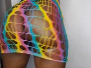Big ebony milf shows bug oiled ass in rainbow lingerie