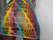 Big ebony milf shows bug oiled ass in rainbow lingerie 3/16