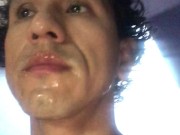 Taking shower after sucking a cock and cumming on my face 1/16