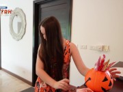 My slutty neighbor knows how to properly beg for Halloween candy. Sweet cum in her pussy 2/16