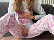 skinny babe in pajama masturbate small tits fingering pussy closeup and squirt orgasm 1/16