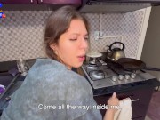 The flatmate-girl doesn't mind periodic fucking in the kitchen and get cum in her mouth and pigtails 12/16