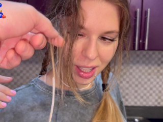 The flatmate-girl doesn’t mind periodic fucking in the kitchen and get cum in her mouth and pigtails