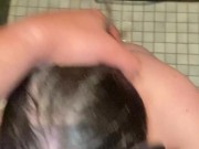 After a successful shower, my mouth was full and I gave him a blowjob 15/16