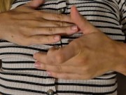 My friend playing with her nipples, then give me handjob, and I cum on her tits 1/16