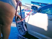 Sexy exhibitionist wife flashing voyeur at car wash 10/16