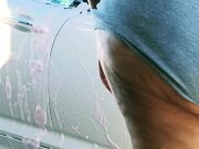 Sexy exhibitionist wife flashing voyeur at car wash 13/16