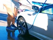 Sexy exhibitionist wife flashing voyeur at car wash 6/16