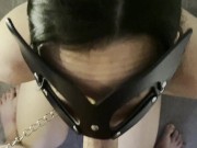 Collared and leashed slut sucks dick and takes cum all over her face 8/16
