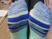 Smell my stinky sweaty colorful socked feet while I spread & wiggle my long toes and tease you 15/16