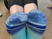 Smell my stinky sweaty colorful socked feet while I spread & wiggle my long toes and tease you 7/16