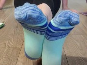 Smell my stinky sweaty colorful socked feet while I spread & wiggle my long toes and tease you 8/16