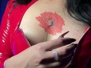 Biker girl in red latex suit show what she can 7/16