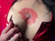 Biker girl in red latex suit show what she can 9/16