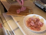 Cali is cooking topless in the kitchen 7/16