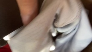 Shoves dirty sticky underwear in pussy