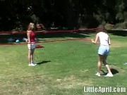 Two teenage lesbians licking eachothers pussy outdoors 3/16