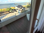 sexy girl in red silk satin dress has risky public sex in front of the hotel window 11/16