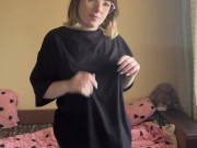 Beautiful brunette in a t-shirt shows off her panties 10/16