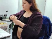 Round Chubby Girl Eating Sushi, Rubbing Bloated Belly 1/16