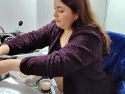 Round Chubby Girl Eating Sushi, Rubbing Bloated Belly 2/16