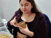 Round Chubby Girl Eating Sushi, Rubbing Bloated Belly 3/16