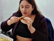 Round Chubby Girl Eating Sushi, Rubbing Bloated Belly 4/16