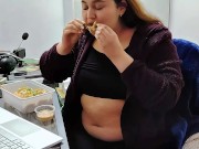 Round Chubby Girl Eating Sushi, Rubbing Bloated Belly 5/16