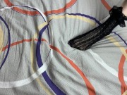 Caressing long legs of girl in black lace socks 10/16